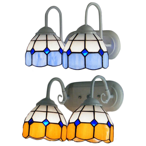 2 Heads Bowl Wall Lamp with Curved Arm Grid Glass Tiffany Style Vanity Lighting in Blue/Orange for Bathroom Clearhalo 'Industrial' 'Middle century wall lights' 'Tiffany wall lights' 'Tiffany' 'Wall Lamps & Sconces' 'Wall Lights' Lighting' 61831