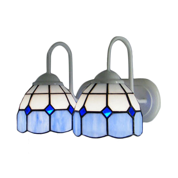 2 Heads Bowl Wall Lamp with Curved Arm Grid Glass Tiffany Style Vanity Lighting in Blue/Orange for Bathroom Clearhalo 'Industrial' 'Middle century wall lights' 'Tiffany wall lights' 'Tiffany' 'Wall Lamps & Sconces' 'Wall Lights' Lighting' 61832