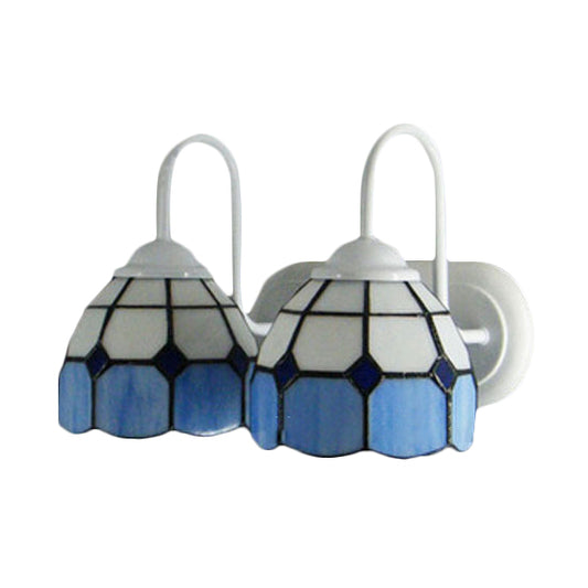 2 Heads Bowl Wall Lamp with Curved Arm Grid Glass Tiffany Style Vanity Lighting in Blue/Orange for Bathroom Clearhalo 'Industrial' 'Middle century wall lights' 'Tiffany wall lights' 'Tiffany' 'Wall Lamps & Sconces' 'Wall Lights' Lighting' 61833