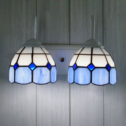 2 Heads Bowl Wall Lamp with Curved Arm Grid Glass Tiffany Style Vanity Lighting in Blue/Orange for Bathroom Clearhalo 'Industrial' 'Middle century wall lights' 'Tiffany wall lights' 'Tiffany' 'Wall Lamps & Sconces' 'Wall Lights' Lighting' 61834