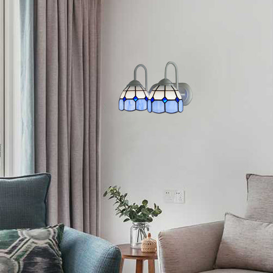 2 Heads Bowl Wall Lamp with Curved Arm Grid Glass Tiffany Style Vanity Lighting in Blue/Orange for Bathroom Blue Clearhalo 'Industrial' 'Middle century wall lights' 'Tiffany wall lights' 'Tiffany' 'Wall Lamps & Sconces' 'Wall Lights' Lighting' 61835