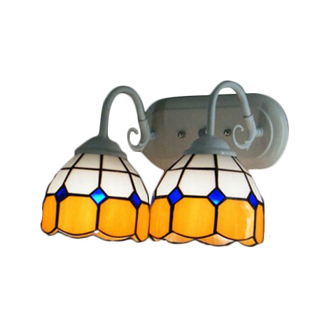2 Heads Bowl Wall Lamp with Curved Arm Grid Glass Tiffany Style Vanity Lighting in Blue/Orange for Bathroom Clearhalo 'Industrial' 'Middle century wall lights' 'Tiffany wall lights' 'Tiffany' 'Wall Lamps & Sconces' 'Wall Lights' Lighting' 61836
