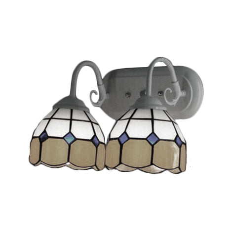 2 Heads Bowl Wall Lamp with Curved Arm Grid Glass Tiffany Style Vanity Lighting in Blue/Orange for Bathroom Clearhalo 'Industrial' 'Middle century wall lights' 'Tiffany wall lights' 'Tiffany' 'Wall Lamps & Sconces' 'Wall Lights' Lighting' 61837