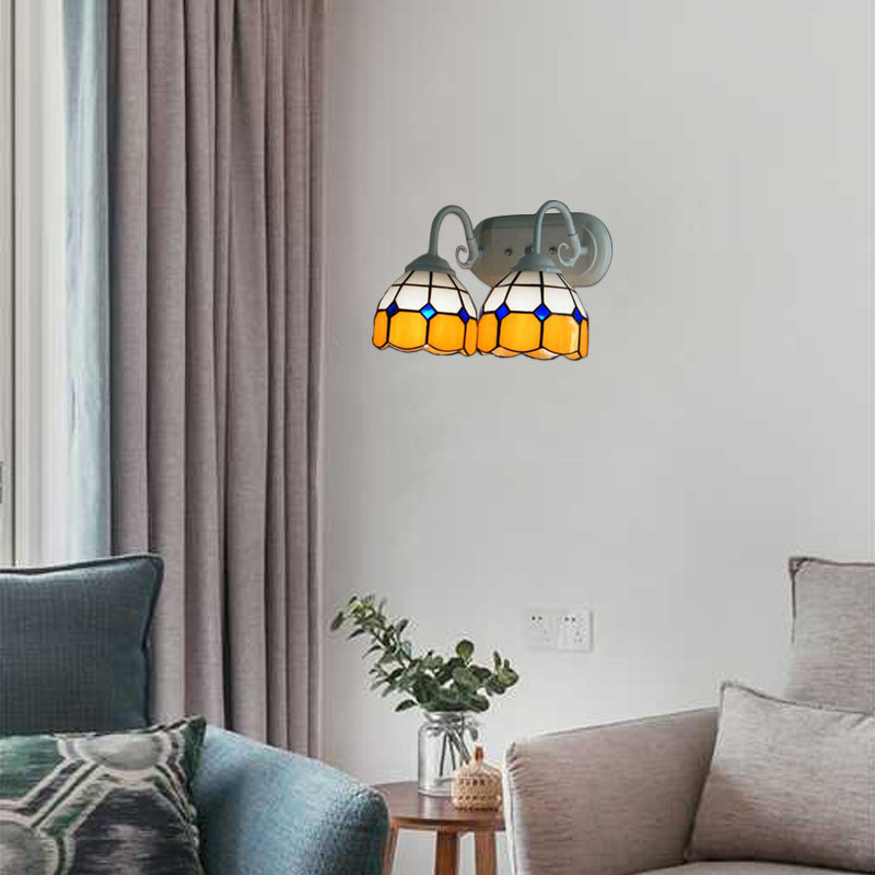 2 Heads Bowl Wall Lamp with Curved Arm Grid Glass Tiffany Style Vanity Lighting in Blue/Orange for Bathroom Orange Clearhalo 'Industrial' 'Middle century wall lights' 'Tiffany wall lights' 'Tiffany' 'Wall Lamps & Sconces' 'Wall Lights' Lighting' 61838