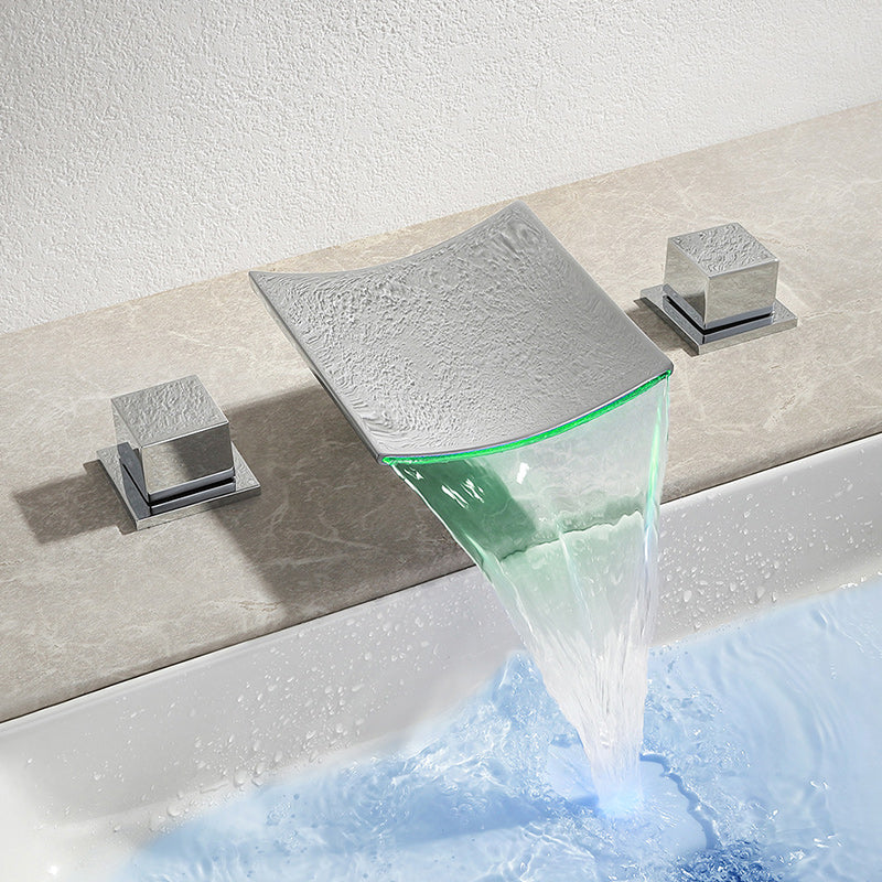 2-Handle Brushed Nickel Widespread Faucet 3 Hole Widespread Sink Faucet with LED Lighting Clearhalo 'Bathroom Remodel & Bathroom Fixtures' 'Bathroom Sink Faucets' 'Bathroom Sinks & Faucet Components' 'bathroom_sink_faucets' 'Home Improvement' 'home_improvement' 'home_improvement_bathroom_sink_faucets' 6187395