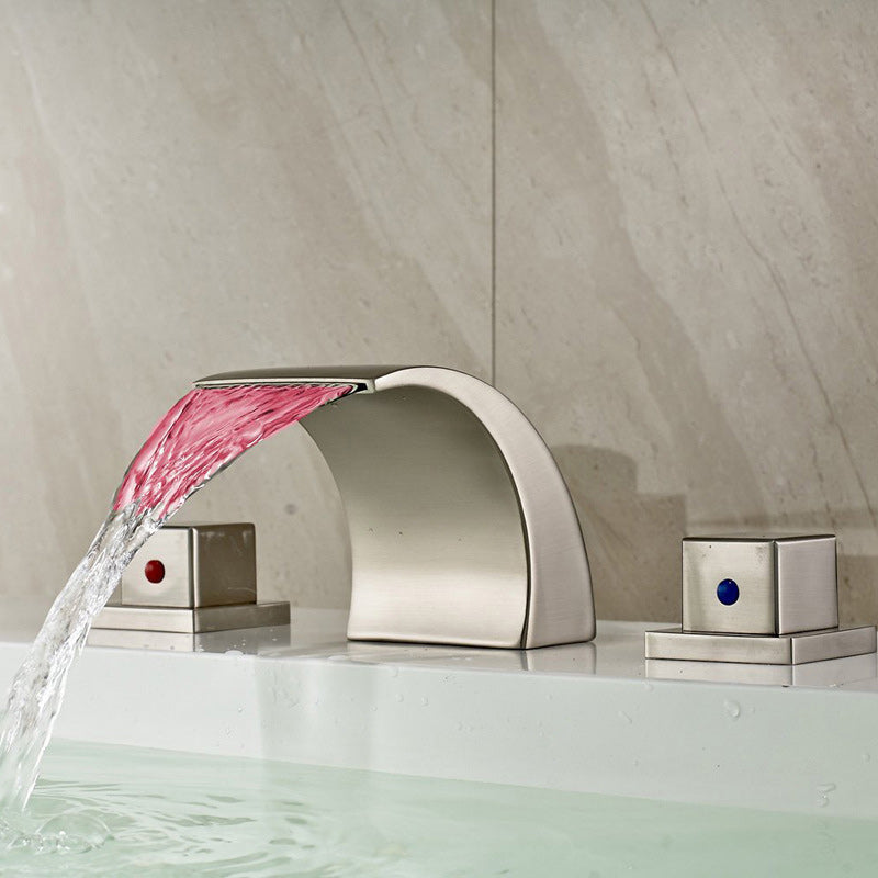 Double Handle Widespread Bathroom Faucet Modern LED Lavatory Faucet Red Knobs Clearhalo 'Bathroom Remodel & Bathroom Fixtures' 'Bathroom Sink Faucets' 'Bathroom Sinks & Faucet Components' 'bathroom_sink_faucets' 'Home Improvement' 'home_improvement' 'home_improvement_bathroom_sink_faucets' 6187443