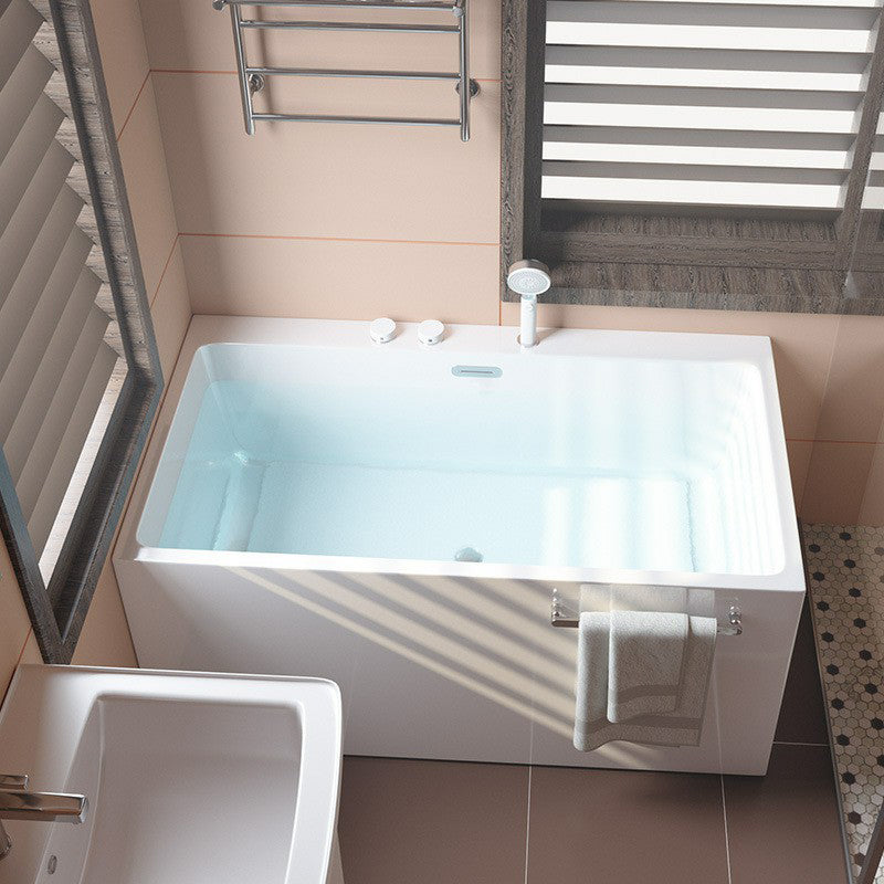 Acrylic Rectangular Back to Wall Bath Tub Freestanding Bathtub with Center Drain Tub with Silver 5-Piece Set Clearhalo 'Bathroom Remodel & Bathroom Fixtures' 'Bathtubs' 'Home Improvement' 'home_improvement' 'home_improvement_bathtubs' 'Showers & Bathtubs' 6194008