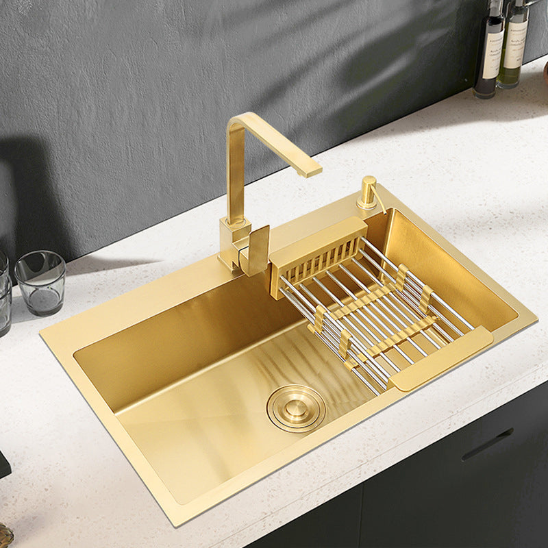 Retangle Drop-in Sink Stainless Steel Single Bowl Golden Kitchen Sink with Strainer Clearhalo 'Home Improvement' 'home_improvement' 'home_improvement_kitchen_sinks' 'Kitchen Remodel & Kitchen Fixtures' 'Kitchen Sinks & Faucet Components' 'Kitchen Sinks' 'kitchen_sinks' 6196150