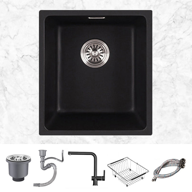 Stone Farmhouse Kitchen Sink Single Bowl Drop-In Sink with Basket Strainer Black Sink with Faucet Straight Faucet Clearhalo 'Home Improvement' 'home_improvement' 'home_improvement_kitchen_sinks' 'Kitchen Remodel & Kitchen Fixtures' 'Kitchen Sinks & Faucet Components' 'Kitchen Sinks' 'kitchen_sinks' 6196172