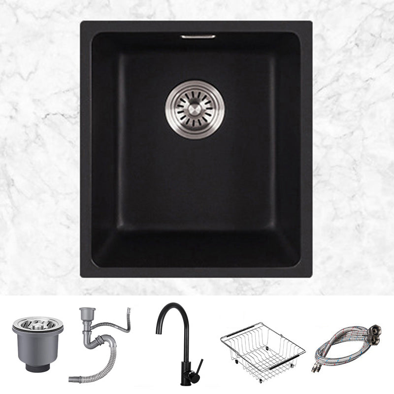 Stone Farmhouse Kitchen Sink Single Bowl Drop-In Sink with Basket Strainer Black Sink with Faucet Gooseneck High Arc Clearhalo 'Home Improvement' 'home_improvement' 'home_improvement_kitchen_sinks' 'Kitchen Remodel & Kitchen Fixtures' 'Kitchen Sinks & Faucet Components' 'Kitchen Sinks' 'kitchen_sinks' 6196175