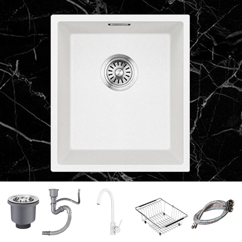 Stone Farmhouse Kitchen Sink Single Bowl Drop-In Sink with Basket Strainer White Sink with Faucet Gooseneck High Arc Clearhalo 'Home Improvement' 'home_improvement' 'home_improvement_kitchen_sinks' 'Kitchen Remodel & Kitchen Fixtures' 'Kitchen Sinks & Faucet Components' 'Kitchen Sinks' 'kitchen_sinks' 6196176