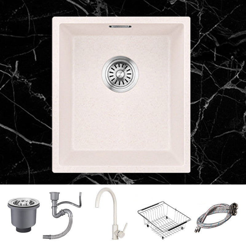 Stone Farmhouse Kitchen Sink Single Bowl Drop-In Sink with Basket Strainer Beige Sink with Faucet Gooseneck High Arc Clearhalo 'Home Improvement' 'home_improvement' 'home_improvement_kitchen_sinks' 'Kitchen Remodel & Kitchen Fixtures' 'Kitchen Sinks & Faucet Components' 'Kitchen Sinks' 'kitchen_sinks' 6196178