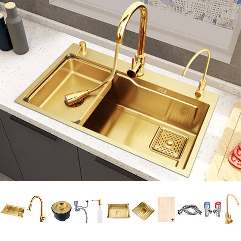 Glam Stainless Kitchen Sink Golden with Faucet Cutting-Board Drain Assembly Sink Sink with Faucet Pull Out Faucet Clearhalo 'Home Improvement' 'home_improvement' 'home_improvement_kitchen_sinks' 'Kitchen Remodel & Kitchen Fixtures' 'Kitchen Sinks & Faucet Components' 'Kitchen Sinks' 'kitchen_sinks' 6196222