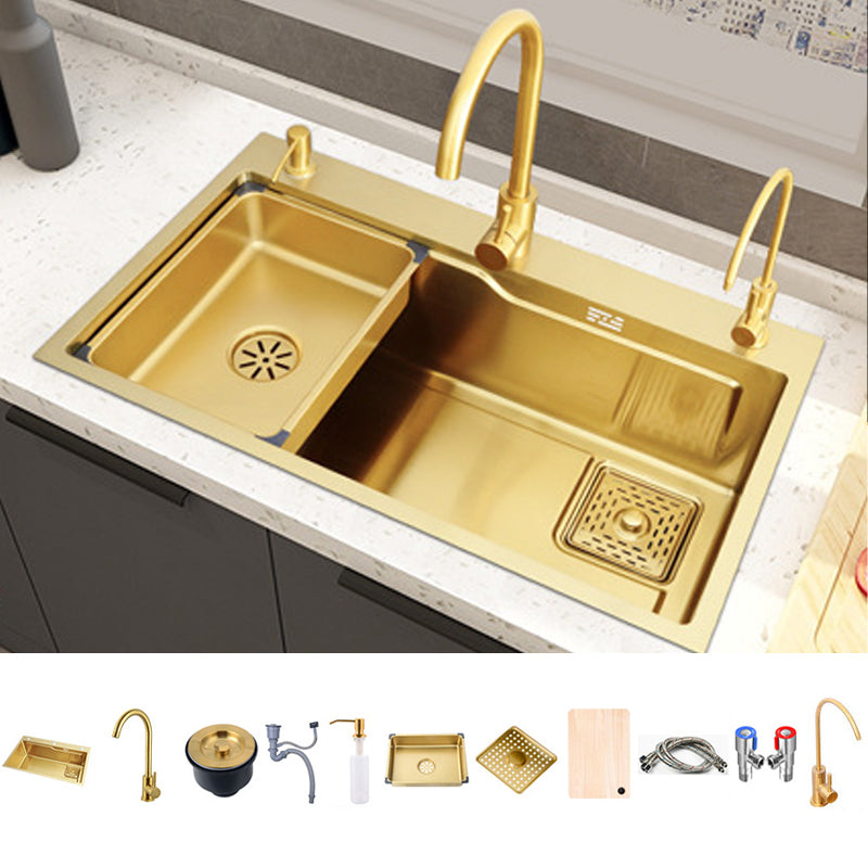 Glam Stainless Kitchen Sink Golden with Faucet Cutting-Board Drain Assembly Sink Sink with Faucet Gooseneck High Arc Clearhalo 'Home Improvement' 'home_improvement' 'home_improvement_kitchen_sinks' 'Kitchen Remodel & Kitchen Fixtures' 'Kitchen Sinks & Faucet Components' 'Kitchen Sinks' 'kitchen_sinks' 6196223