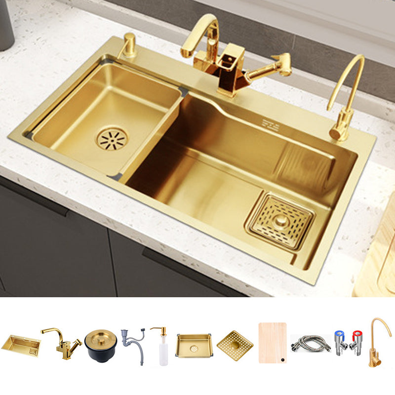 Glam Stainless Kitchen Sink Golden with Faucet Cutting-Board Drain Assembly Sink Sink with Faucet Nozzle Faucet Clearhalo 'Home Improvement' 'home_improvement' 'home_improvement_kitchen_sinks' 'Kitchen Remodel & Kitchen Fixtures' 'Kitchen Sinks & Faucet Components' 'Kitchen Sinks' 'kitchen_sinks' 6196225