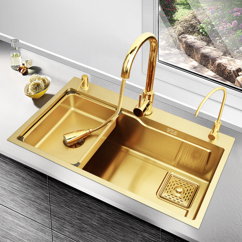 Glam Stainless Kitchen Sink Golden with Faucet Cutting-Board Drain Assembly Sink Clearhalo 'Home Improvement' 'home_improvement' 'home_improvement_kitchen_sinks' 'Kitchen Remodel & Kitchen Fixtures' 'Kitchen Sinks & Faucet Components' 'Kitchen Sinks' 'kitchen_sinks' 6196226