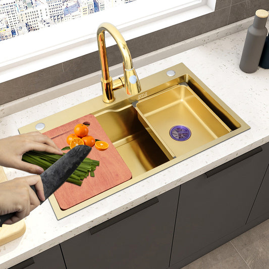 Glam Stainless Kitchen Sink Golden with Faucet Cutting-Board Drain Assembly Sink Clearhalo 'Home Improvement' 'home_improvement' 'home_improvement_kitchen_sinks' 'Kitchen Remodel & Kitchen Fixtures' 'Kitchen Sinks & Faucet Components' 'Kitchen Sinks' 'kitchen_sinks' 6196231