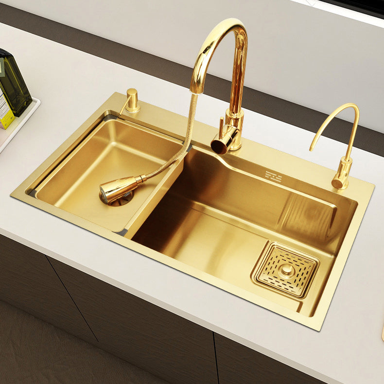 Glam Stainless Kitchen Sink Golden with Faucet Cutting-Board Drain Assembly Sink Clearhalo 'Home Improvement' 'home_improvement' 'home_improvement_kitchen_sinks' 'Kitchen Remodel & Kitchen Fixtures' 'Kitchen Sinks & Faucet Components' 'Kitchen Sinks' 'kitchen_sinks' 6196240