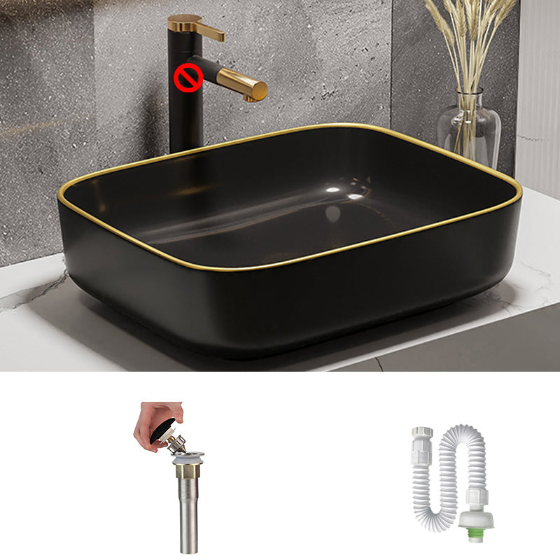 Modern Bathroom Sink Porcelain Pop-Up Drain Rectangular Vessel Bathroom Sink 19.7"L x 15.6"W x 5.5"H Black Gold Clearhalo 'Bathroom Remodel & Bathroom Fixtures' 'Bathroom Sinks & Faucet Components' 'Bathroom Sinks' 'bathroom_sink' 'Home Improvement' 'home_improvement' 'home_improvement_bathroom_sink' 6197585