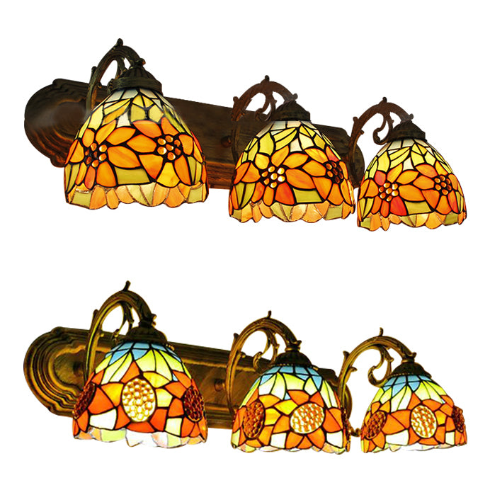 3 Heads Orange Vanity Lighting with Yellow Flower/Sunflower Pattern Lodge Tiffany Stained Glass Wall Lighting for Bathroom Clearhalo 'Industrial' 'Middle century wall lights' 'Tiffany wall lights' 'Tiffany' 'Wall Lamps & Sconces' 'Wall Lights' Lighting' 61994