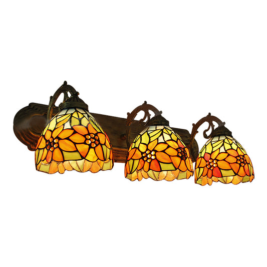 3 Heads Orange Vanity Lighting with Yellow Flower/Sunflower Pattern Lodge Tiffany Stained Glass Wall Lighting for Bathroom Clearhalo 'Industrial' 'Middle century wall lights' 'Tiffany wall lights' 'Tiffany' 'Wall Lamps & Sconces' 'Wall Lights' Lighting' 61995