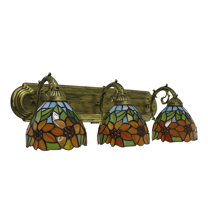 3 Heads Orange Vanity Lighting with Yellow Flower/Sunflower Pattern Lodge Tiffany Stained Glass Wall Lighting for Bathroom Clearhalo 'Industrial' 'Middle century wall lights' 'Tiffany wall lights' 'Tiffany' 'Wall Lamps & Sconces' 'Wall Lights' Lighting' 61996