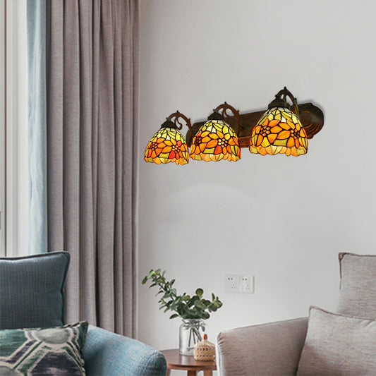 3 Heads Orange Vanity Lighting with Yellow Flower/Sunflower Pattern Lodge Tiffany Stained Glass Wall Lighting for Bathroom Orange Sunflower Clearhalo 'Industrial' 'Middle century wall lights' 'Tiffany wall lights' 'Tiffany' 'Wall Lamps & Sconces' 'Wall Lights' Lighting' 61997