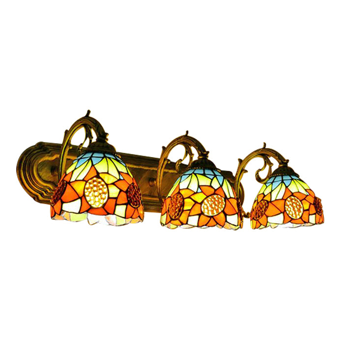 3 Heads Orange Vanity Lighting with Yellow Flower/Sunflower Pattern Lodge Tiffany Stained Glass Wall Lighting for Bathroom Clearhalo 'Industrial' 'Middle century wall lights' 'Tiffany wall lights' 'Tiffany' 'Wall Lamps & Sconces' 'Wall Lights' Lighting' 61998