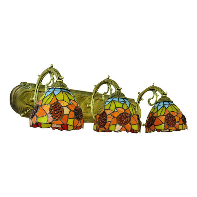 3 Heads Orange Vanity Lighting with Yellow Flower/Sunflower Pattern Lodge Tiffany Stained Glass Wall Lighting for Bathroom Clearhalo 'Industrial' 'Middle century wall lights' 'Tiffany wall lights' 'Tiffany' 'Wall Lamps & Sconces' 'Wall Lights' Lighting' 61999