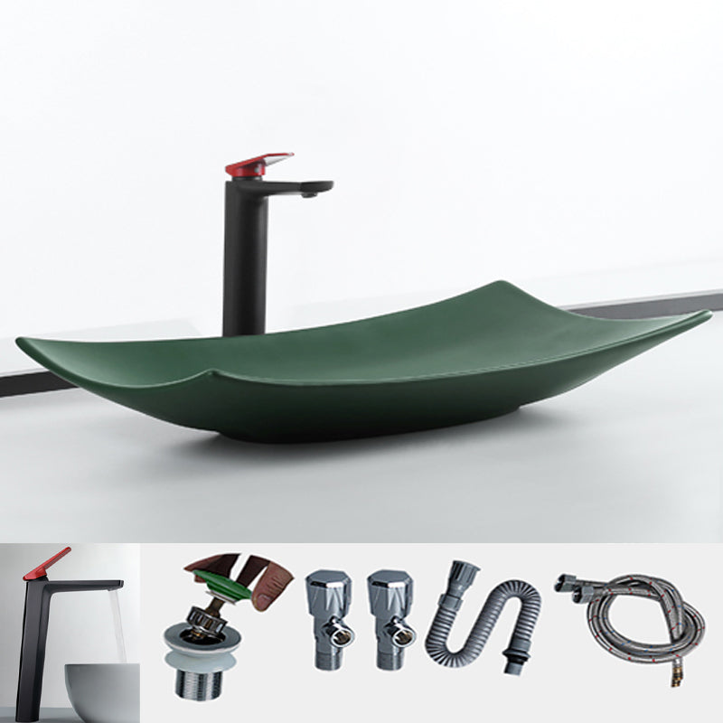 Modern Bathroom Sink Pop-Up Drain Porcelain Rectangular Vessel Lavatory Sink Green Low Profile Sink with Faucet Clearhalo 'Bathroom Remodel & Bathroom Fixtures' 'Bathroom Sinks & Faucet Components' 'Bathroom Sinks' 'bathroom_sink' 'Home Improvement' 'home_improvement' 'home_improvement_bathroom_sink' 6203275