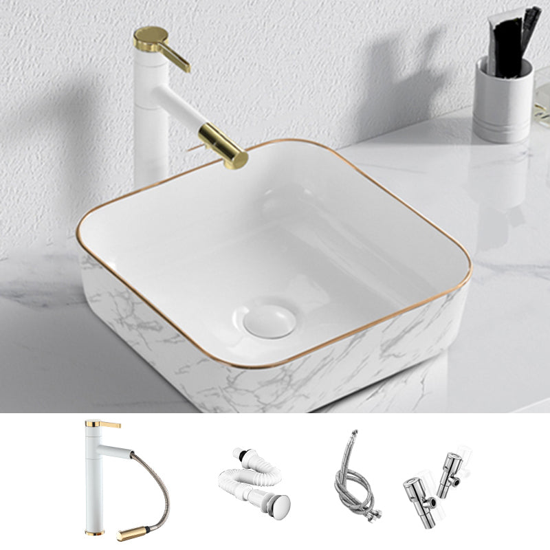 Contemporary Bathroom Sink Pop-Up Drain Porcelain Solid Color Rectangular Vessel 15.4"L x 15.4"W x 5.5"H Sink with Faucet Clearhalo 'Bathroom Remodel & Bathroom Fixtures' 'Bathroom Sinks & Faucet Components' 'Bathroom Sinks' 'bathroom_sink' 'Home Improvement' 'home_improvement' 'home_improvement_bathroom_sink' 6203463