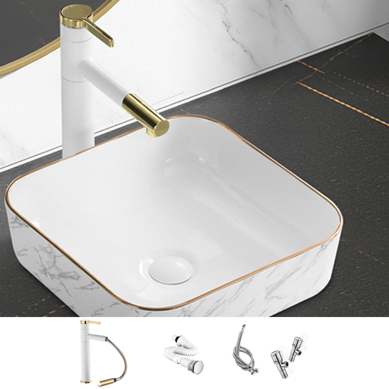 Contemporary Bathroom Sink Pop-Up Drain Porcelain Rectangular Vessel Bathroom Sink 15.4"L x 15.4"W x 5.5"H Sink with Faucet Clearhalo 'Bathroom Remodel & Bathroom Fixtures' 'Bathroom Sinks & Faucet Components' 'Bathroom Sinks' 'bathroom_sink' 'Home Improvement' 'home_improvement' 'home_improvement_bathroom_sink' 6203489