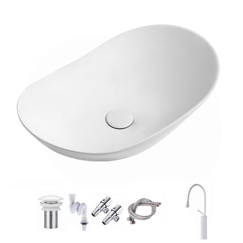 Contemporary Bathroom Sink Pop-Up Drain Porcelain Solid Color Oval-Shape Vessel Sink Sink with Faucet White Clearhalo 'Bathroom Remodel & Bathroom Fixtures' 'Bathroom Sinks & Faucet Components' 'Bathroom Sinks' 'bathroom_sink' 'Home Improvement' 'home_improvement' 'home_improvement_bathroom_sink' 6206263