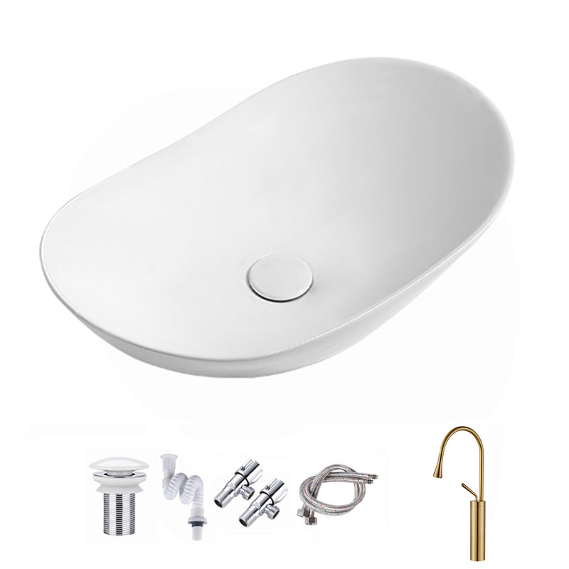 Contemporary Bathroom Sink Pop-Up Drain Porcelain Solid Color Oval-Shape Vessel Sink 23.6"L x 14.2"W x 5.9"H Sink with Faucet Gold Clearhalo 'Bathroom Remodel & Bathroom Fixtures' 'Bathroom Sinks & Faucet Components' 'Bathroom Sinks' 'bathroom_sink' 'Home Improvement' 'home_improvement' 'home_improvement_bathroom_sink' 6206266
