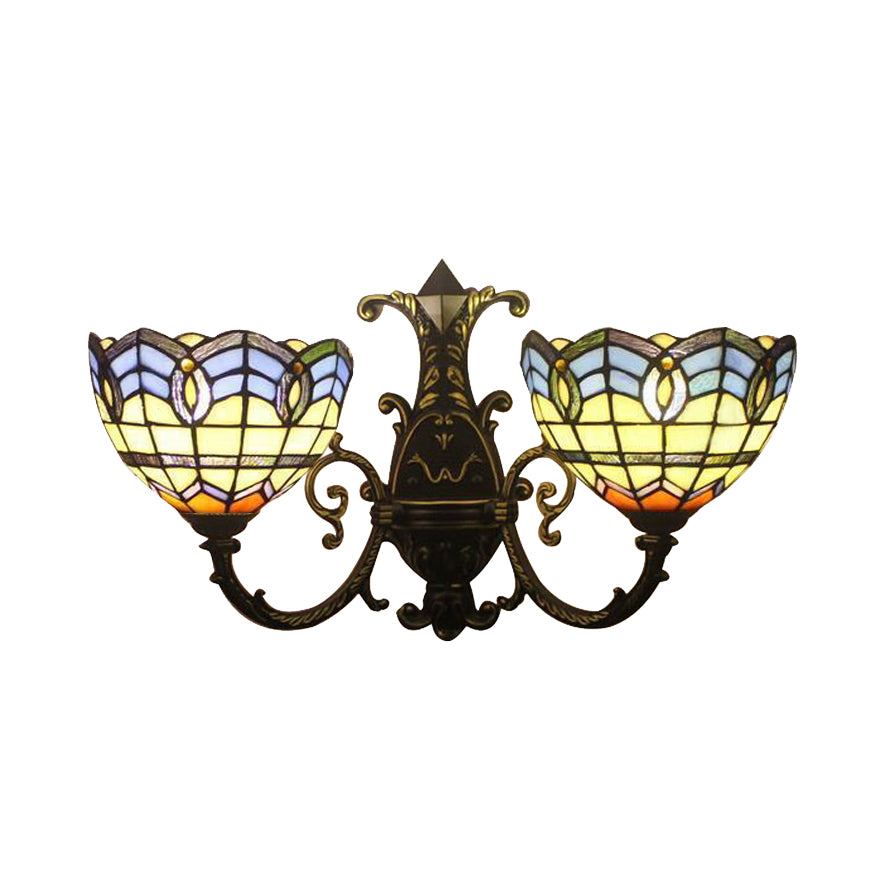 Baroque Bowl Wall Sconce Lighting Stained Glass Double Wall Lighting with Curved Arm Clearhalo 'Industrial' 'Middle century wall lights' 'Tiffany wall lights' 'Tiffany' 'Wall Lamps & Sconces' 'Wall Lights' Lighting' 62074