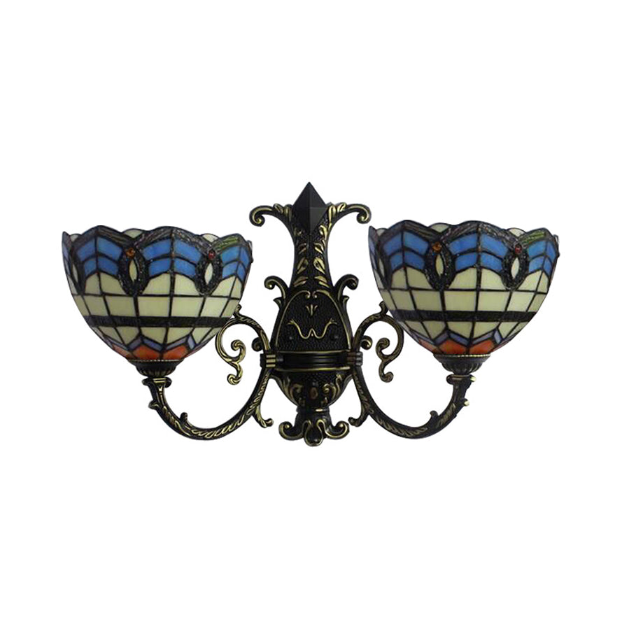Baroque Bowl Wall Sconce Lighting Stained Glass Double Wall Lighting with Curved Arm Clearhalo 'Industrial' 'Middle century wall lights' 'Tiffany wall lights' 'Tiffany' 'Wall Lamps & Sconces' 'Wall Lights' Lighting' 62075