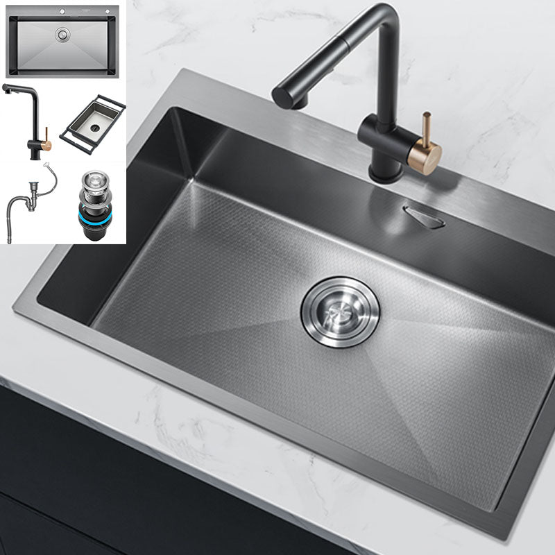 Contemporary Style Kitchen Sink Stainless Steel Kitchen Sink with Basket Strainer Sink with Faucet Square Faucet Clearhalo 'Home Improvement' 'home_improvement' 'home_improvement_kitchen_sinks' 'Kitchen Remodel & Kitchen Fixtures' 'Kitchen Sinks & Faucet Components' 'Kitchen Sinks' 'kitchen_sinks' 6211850