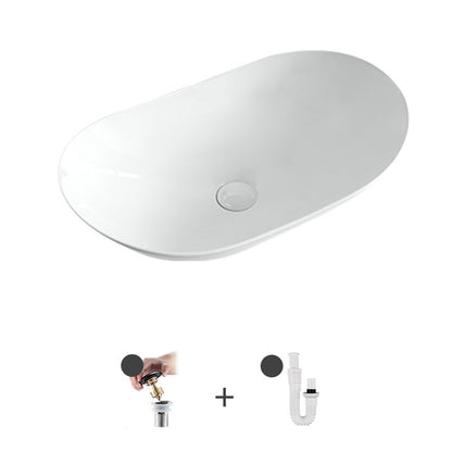 Contemporary Bathroom Sink Pop-Up Drain Porcelain Solid Color Oval-Shape Vessel White Sink Clearhalo 'Bathroom Remodel & Bathroom Fixtures' 'Bathroom Sinks & Faucet Components' 'Bathroom Sinks' 'bathroom_sink' 'Home Improvement' 'home_improvement' 'home_improvement_bathroom_sink' 6211948