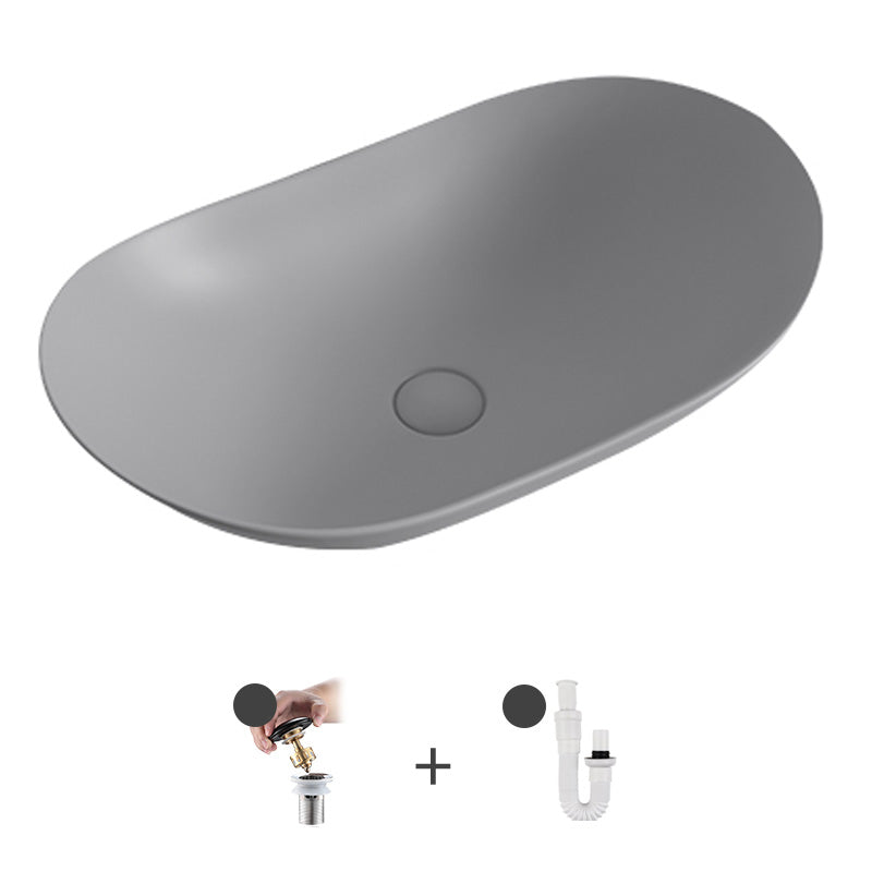 Contemporary Bathroom Sink Pop-Up Drain Porcelain Solid Color Oval-Shape Vessel Grey Sink Clearhalo 'Bathroom Remodel & Bathroom Fixtures' 'Bathroom Sinks & Faucet Components' 'Bathroom Sinks' 'bathroom_sink' 'Home Improvement' 'home_improvement' 'home_improvement_bathroom_sink' 6211952