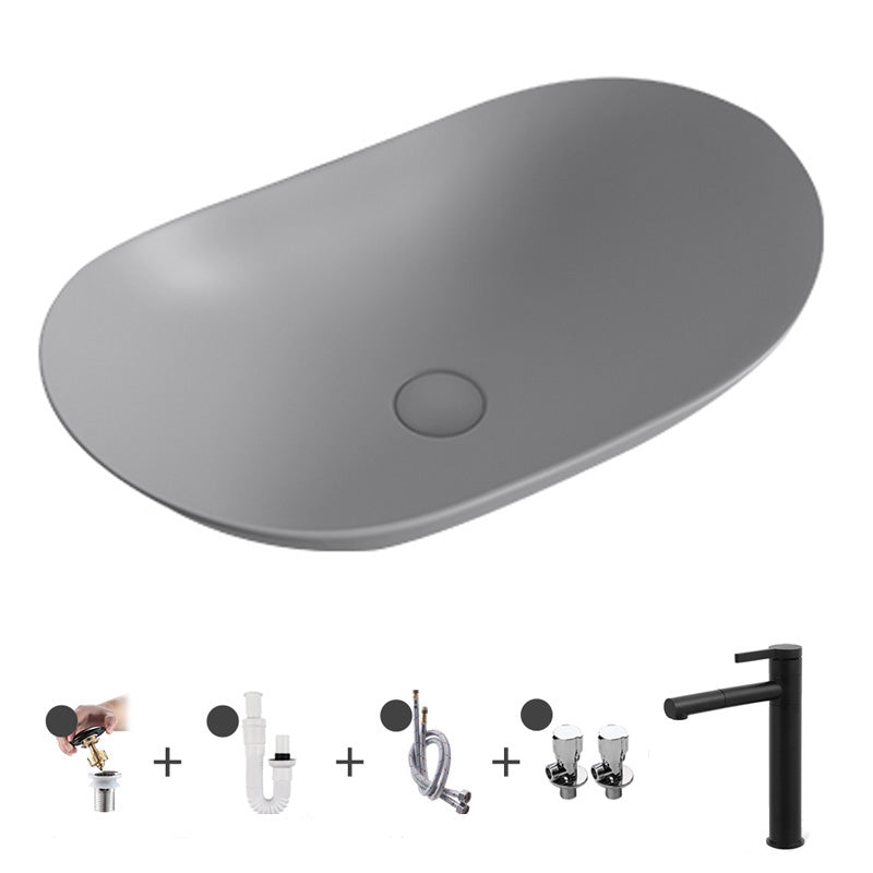 Contemporary Bathroom Sink Pop-Up Drain Porcelain Solid Color Oval-Shape Vessel Grey Sink with Faucet Clearhalo 'Bathroom Remodel & Bathroom Fixtures' 'Bathroom Sinks & Faucet Components' 'Bathroom Sinks' 'bathroom_sink' 'Home Improvement' 'home_improvement' 'home_improvement_bathroom_sink' 6211954