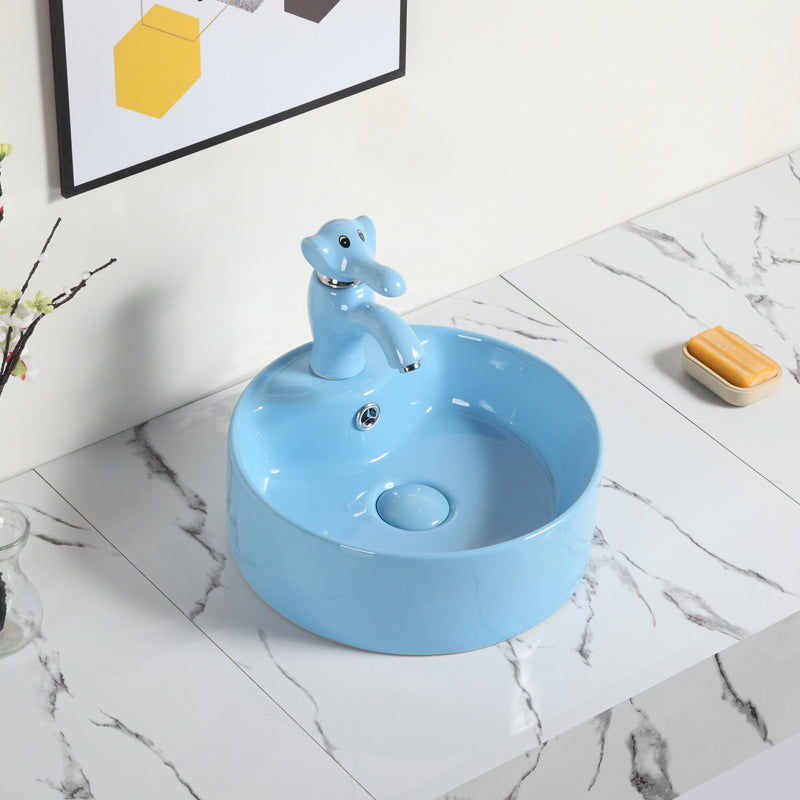 Contemporary Bathroom Sink Pop-Up Drain Porcelain Round Vessel Bathroom Sink Blue Sink with Faucet Clearhalo 'Bathroom Remodel & Bathroom Fixtures' 'Bathroom Sinks & Faucet Components' 'Bathroom Sinks' 'bathroom_sink' 'Home Improvement' 'home_improvement' 'home_improvement_bathroom_sink' 6211971