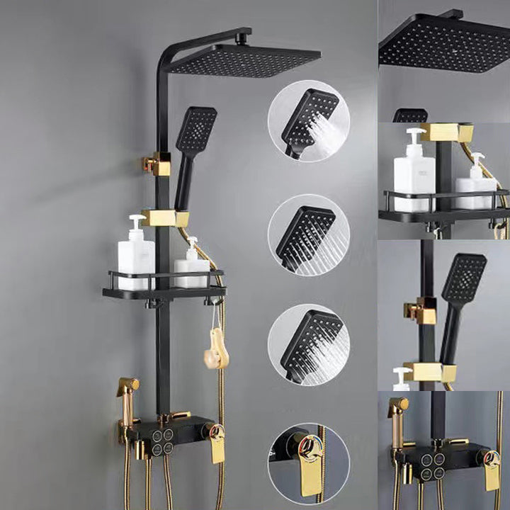 Square Metal Shower System Volume Control Dual Shower Head Shower Faucet with Shower Arm Black-Gold Thermostatic Digital Display Included Clearhalo 'Bathroom Remodel & Bathroom Fixtures' 'Home Improvement' 'home_improvement' 'home_improvement_shower_faucets' 'Shower Faucets & Systems' 'shower_faucets' 'Showers & Bathtubs Plumbing' 'Showers & Bathtubs' 6215432