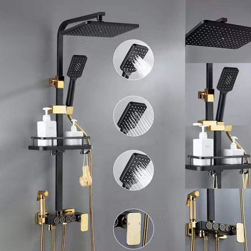 Square Metal Shower System Volume Control Dual Shower Head Shower Faucet with Shower Arm Black-Gold Temperature Control Digital Display Not Included Clearhalo 'Bathroom Remodel & Bathroom Fixtures' 'Home Improvement' 'home_improvement' 'home_improvement_shower_faucets' 'Shower Faucets & Systems' 'shower_faucets' 'Showers & Bathtubs Plumbing' 'Showers & Bathtubs' 6215435