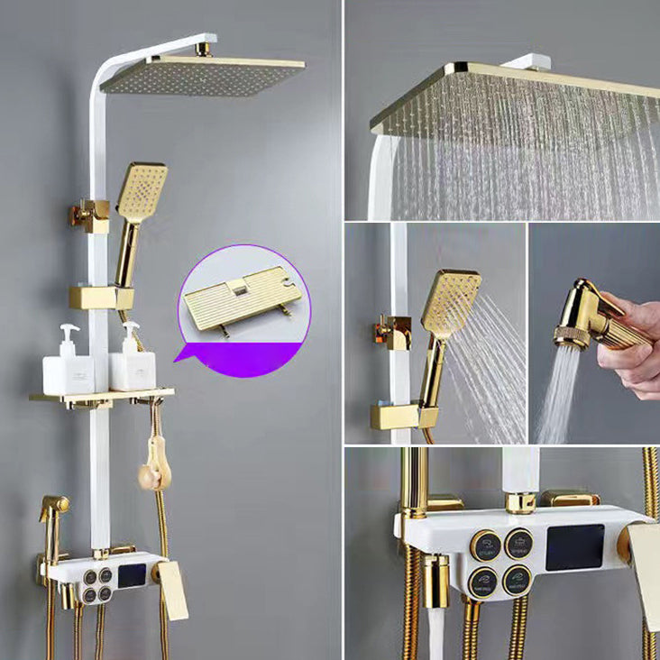 Square Metal Shower System Volume Control Dual Shower Head Shower Faucet with Shower Arm White-Gold Temperature Control Digital Display Included Clearhalo 'Bathroom Remodel & Bathroom Fixtures' 'Home Improvement' 'home_improvement' 'home_improvement_shower_faucets' 'Shower Faucets & Systems' 'shower_faucets' 'Showers & Bathtubs Plumbing' 'Showers & Bathtubs' 6215448