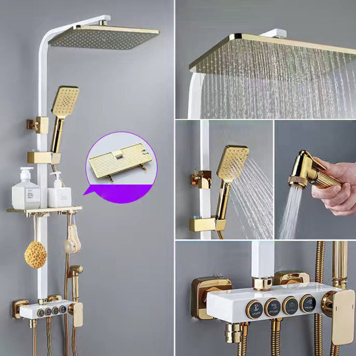 Square Metal Shower System Volume Control Dual Shower Head Shower Faucet with Shower Arm White-Gold Temperature Control Digital Display Not Included Clearhalo 'Bathroom Remodel & Bathroom Fixtures' 'Home Improvement' 'home_improvement' 'home_improvement_shower_faucets' 'Shower Faucets & Systems' 'shower_faucets' 'Showers & Bathtubs Plumbing' 'Showers & Bathtubs' 6215449