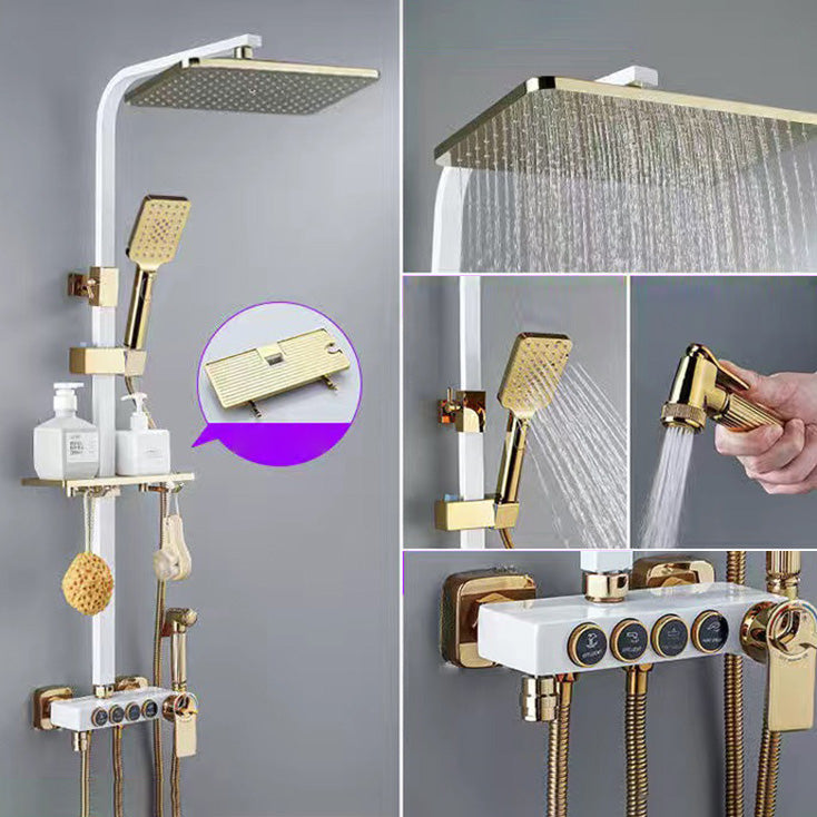 Square Metal Shower System Volume Control Dual Shower Head Shower Faucet with Shower Arm White-Gold Thermostatic Digital Display Not Included Clearhalo 'Bathroom Remodel & Bathroom Fixtures' 'Home Improvement' 'home_improvement' 'home_improvement_shower_faucets' 'Shower Faucets & Systems' 'shower_faucets' 'Showers & Bathtubs Plumbing' 'Showers & Bathtubs' 6215451