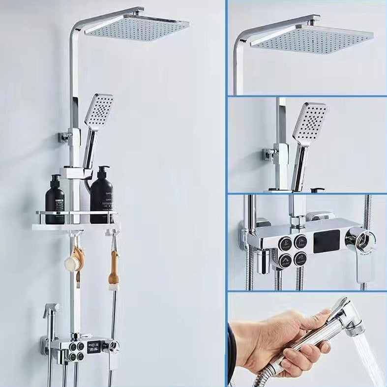 Square Metal Shower System Volume Control Dual Shower Head Shower Faucet with Shower Arm Chrome Thermostatic Digital Display Included Clearhalo 'Bathroom Remodel & Bathroom Fixtures' 'Home Improvement' 'home_improvement' 'home_improvement_shower_faucets' 'Shower Faucets & Systems' 'shower_faucets' 'Showers & Bathtubs Plumbing' 'Showers & Bathtubs' 6215455