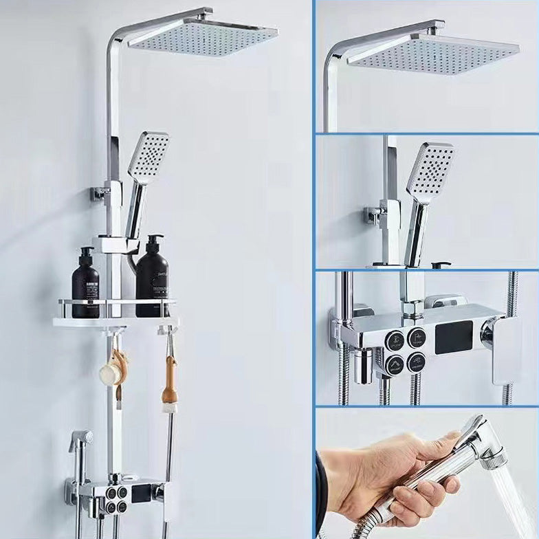 Square Metal Shower System Volume Control Dual Shower Head Shower Faucet with Shower Arm Chrome Temperature Control Digital Display Included Clearhalo 'Bathroom Remodel & Bathroom Fixtures' 'Home Improvement' 'home_improvement' 'home_improvement_shower_faucets' 'Shower Faucets & Systems' 'shower_faucets' 'Showers & Bathtubs Plumbing' 'Showers & Bathtubs' 6215458
