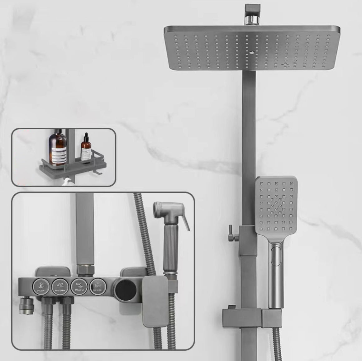 Square Metal Shower System Volume Control Dual Shower Head Shower Faucet with Shower Arm Grey Temperature Control Digital Display Included Clearhalo 'Bathroom Remodel & Bathroom Fixtures' 'Home Improvement' 'home_improvement' 'home_improvement_shower_faucets' 'Shower Faucets & Systems' 'shower_faucets' 'Showers & Bathtubs Plumbing' 'Showers & Bathtubs' 6215464