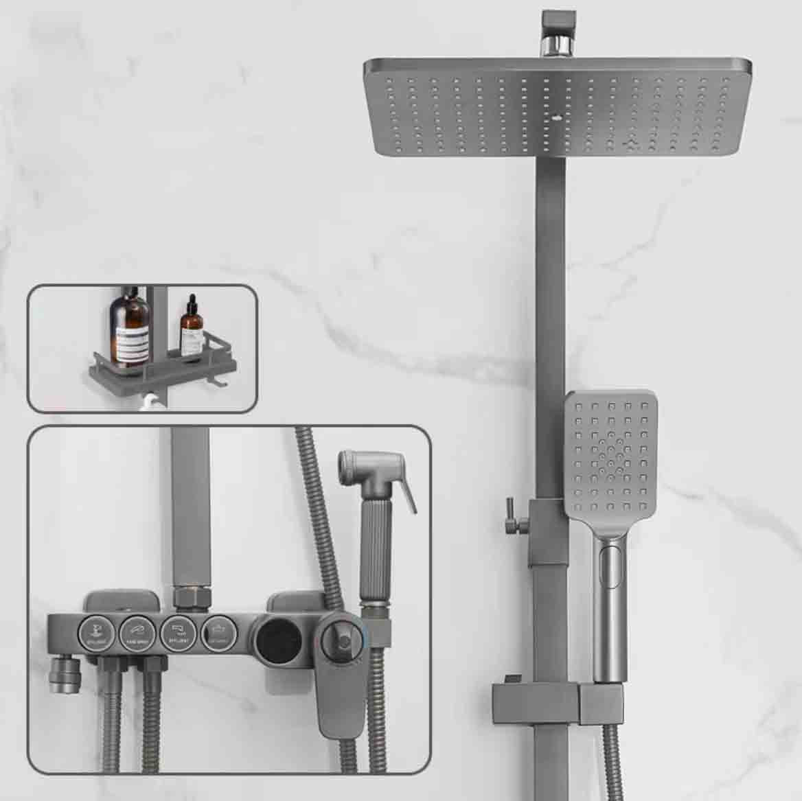 Square Metal Shower System Volume Control Dual Shower Head Shower Faucet with Shower Arm Grey Thermostatic Digital Display Included Clearhalo 'Bathroom Remodel & Bathroom Fixtures' 'Home Improvement' 'home_improvement' 'home_improvement_shower_faucets' 'Shower Faucets & Systems' 'shower_faucets' 'Showers & Bathtubs Plumbing' 'Showers & Bathtubs' 6215467